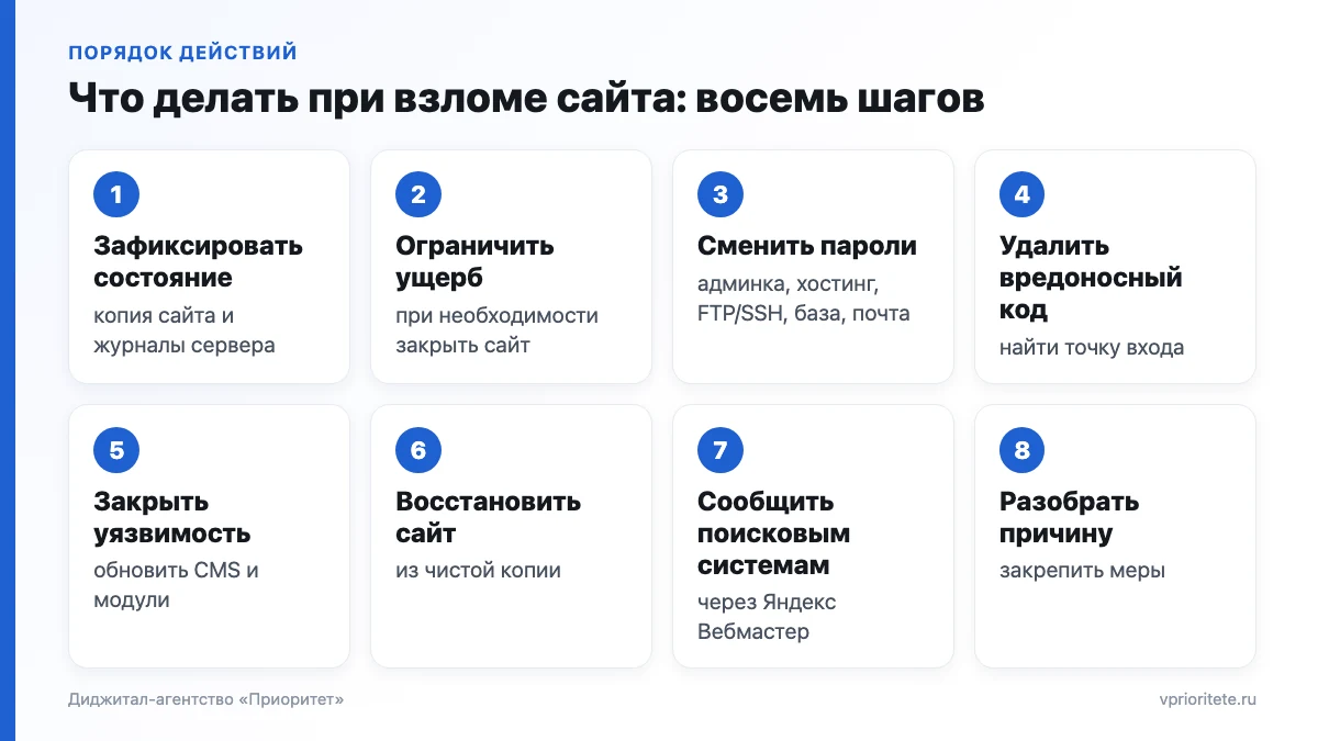 Порядок действий при взломе сайта: копия для анализа, закрытие сайта, смена паролей, удаление кода, восстановление