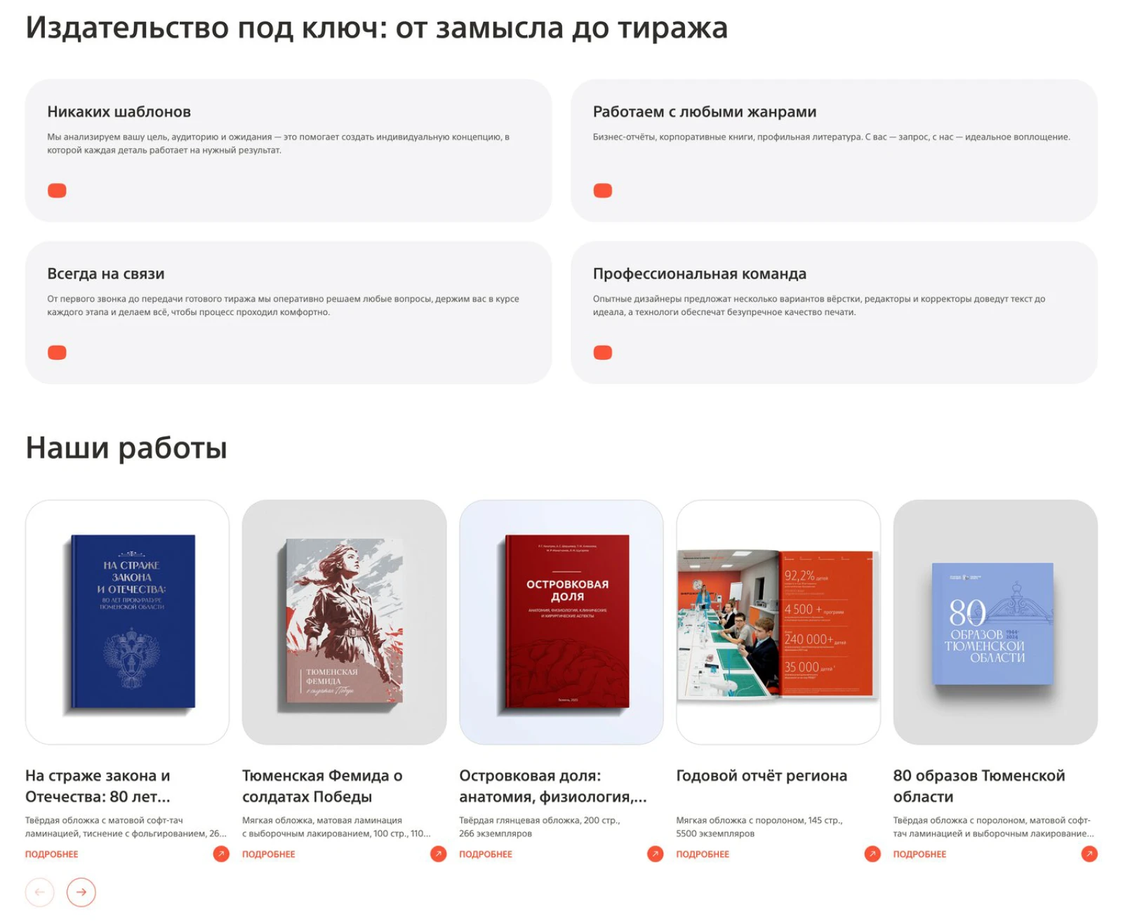 Раздел «Издательство под ключ» и «Наши работы» на сайте expotmn.ru